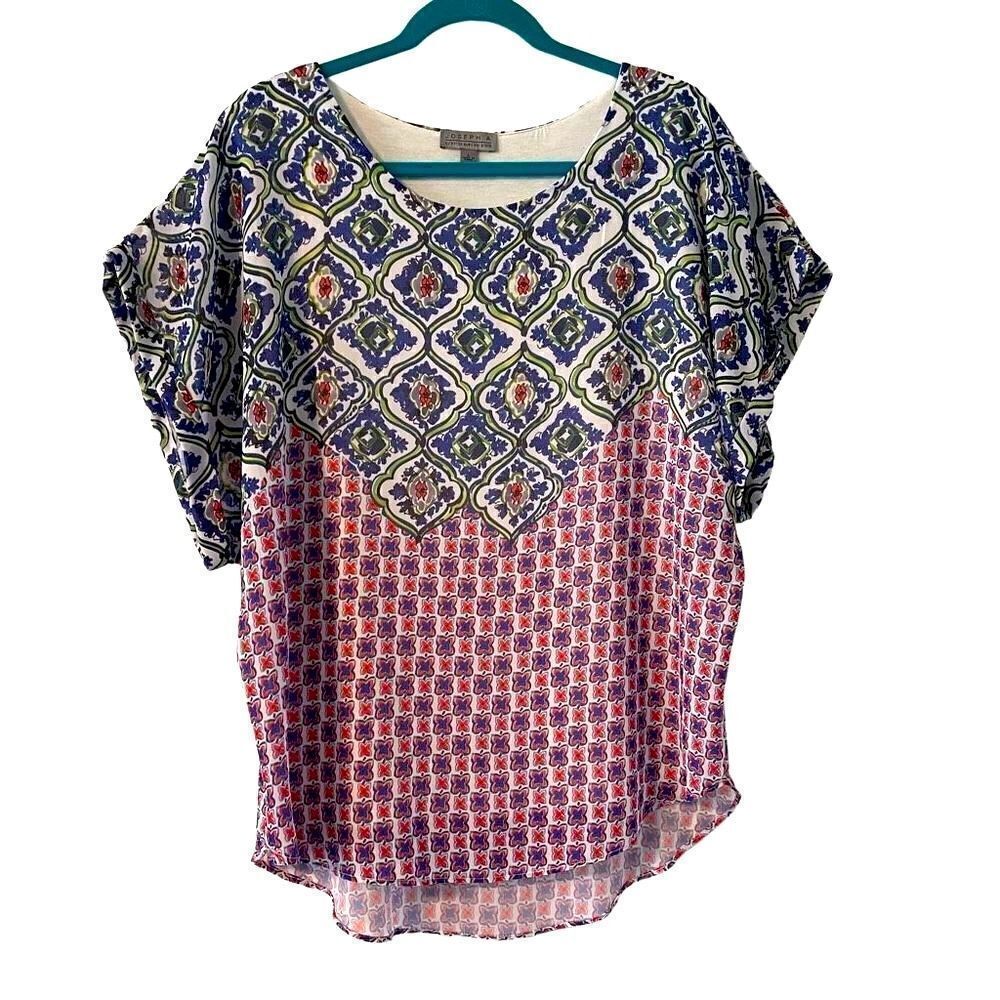 Joseph A. lined placed mixed print rounded hem short sleeve top L